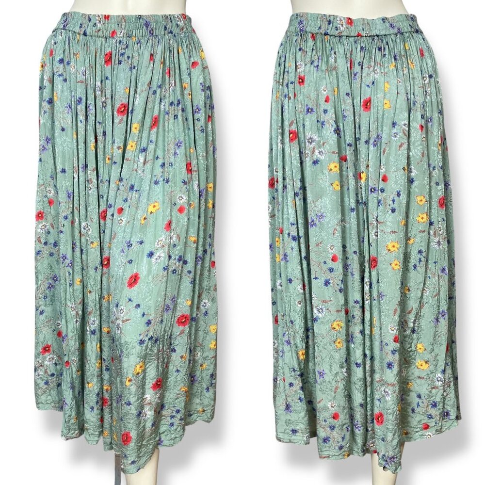 Vintage 90s Broomstick Skirt Floral Midi Elastic Waistband Sz Small Rayon Hippie